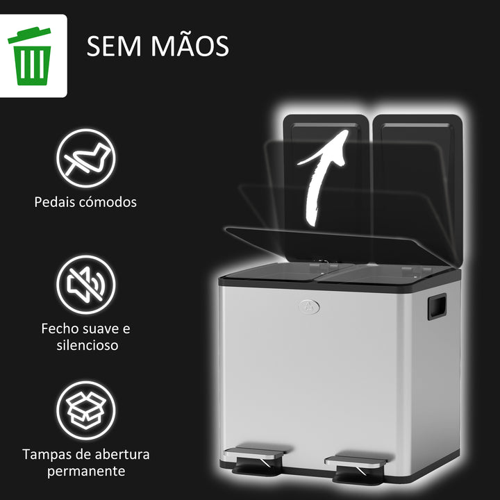 Balde de Lixo de Cozinha com 2 Compartimentos 2x15L Cubo de Lixo de Aço Inoxidável com Pedal Tampa de Fechamento Suave Rolo de 30 Bolsas de Lixo e Cubo Amovível 41,7x36,6x43,2 cm Prata