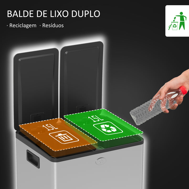 Balde de Lixo de Cozinha com 2 Compartimentos 2x15L Cubo de Lixo de Aço Inoxidável com Pedal Tampa de Fechamento Suave Rolo de 30 Bolsas de Lixo e Cubo Amovível 41,7x36,6x43,2 cm Prata