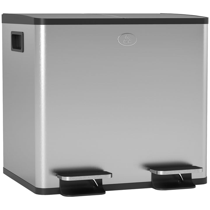Balde de Lixo de Cozinha com 2 Compartimentos 2x15L Cubo de Lixo de Aço Inoxidável com Pedal Tampa de Fechamento Suave Rolo de 30 Bolsas de Lixo e Cubo Amovível 41,7x36,6x43,2 cm Prata