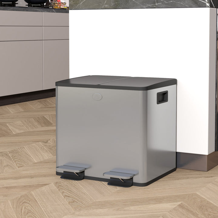 Balde de Lixo de Cozinha com 2 Compartimentos 2x15L Cubo de Lixo de Aço Inoxidável com Pedal Tampa de Fechamento Suave Rolo de 30 Bolsas de Lixo e Cubo Amovível 41,7x36,6x43,2 cm Prata