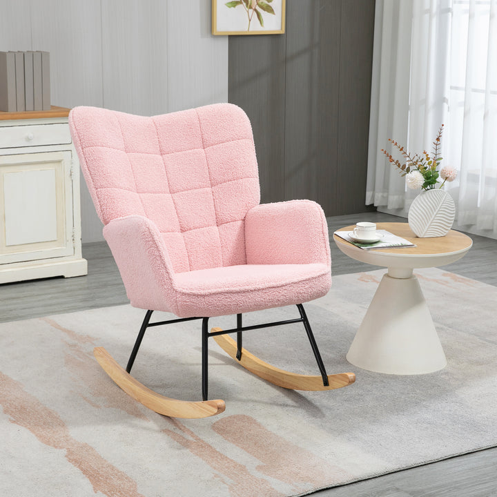 Poltrona Baloiço em Borrego Poltrona de Sala de Estar Oscilação de 40° com Pés de Madeira de Faia e Estrutura de Aço para Dormitório Carga Máxima 120 kg 71x92x101 cm Rosa