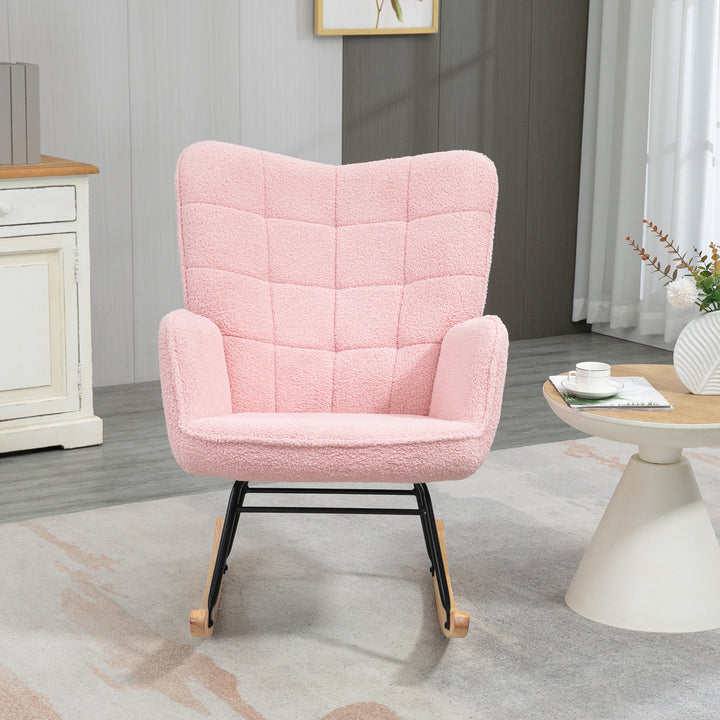 Poltrona Baloiço em Borrego Poltrona de Sala de Estar Oscilação de 40° com Pés de Madeira de Faia e Estrutura de Aço para Dormitório Carga Máxima 120 kg 71x92x101 cm Rosa