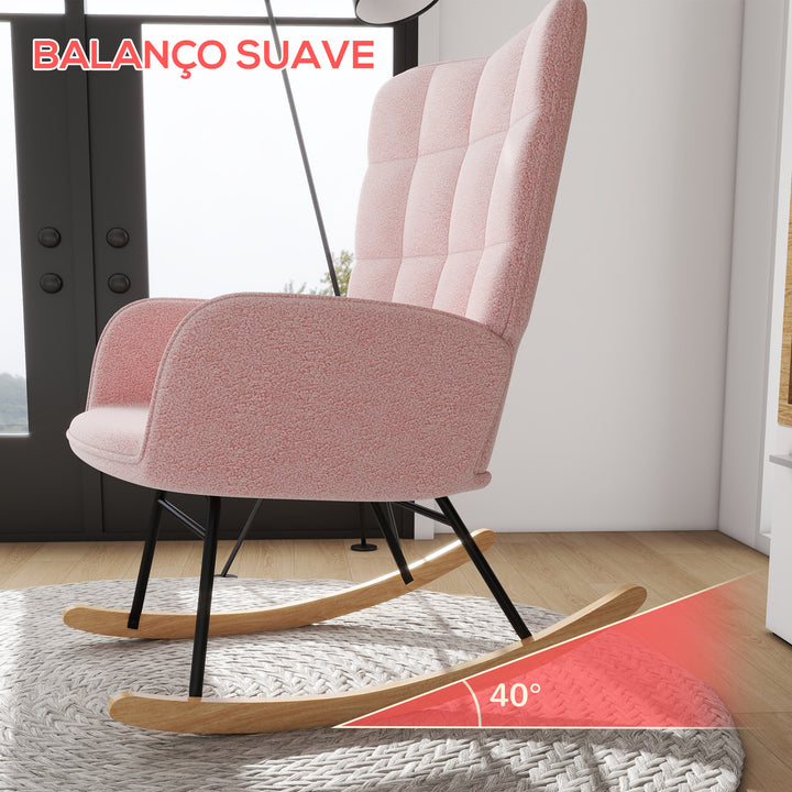Poltrona Baloiço em Borrego Poltrona de Sala de Estar Oscilação de 40° com Pés de Madeira de Faia e Estrutura de Aço para Dormitório Carga Máxima 120 kg 71x92x101 cm Rosa