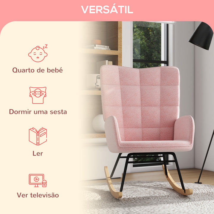Poltrona Baloiço em Borrego Poltrona de Sala de Estar Oscilação de 40° com Pés de Madeira de Faia e Estrutura de Aço para Dormitório Carga Máxima 120 kg 71x92x101 cm Rosa