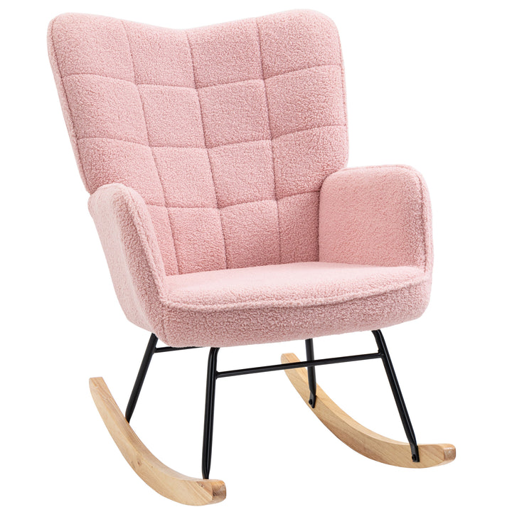 Poltrona Baloiço em Borrego Poltrona de Sala de Estar Oscilação de 40° com Pés de Madeira de Faia e Estrutura de Aço para Dormitório Carga Máxima 120 kg 71x92x101 cm Rosa