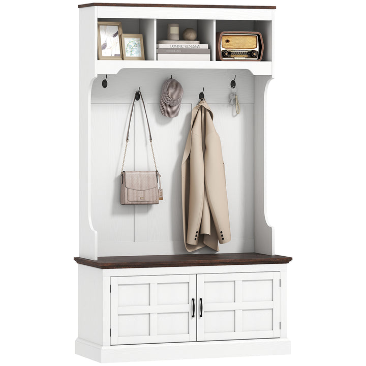 Móvel Cabide de Entrada Móvel de Entrada com Banco Sapateira 5 Ganchos 3 Prateleiras Armário e Compartimentos Estilo Rústico para Corredor Quarto Sala de Estar 105x40x180 cm Branco
