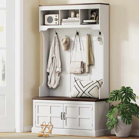 Móvel Cabide de Entrada Móvel de Entrada com Banco Sapateira 5 Ganchos 3 Prateleiras Armário e Compartimentos Estilo Rústico para Corredor Quarto Sala de Estar 105x40x180 cm Branco