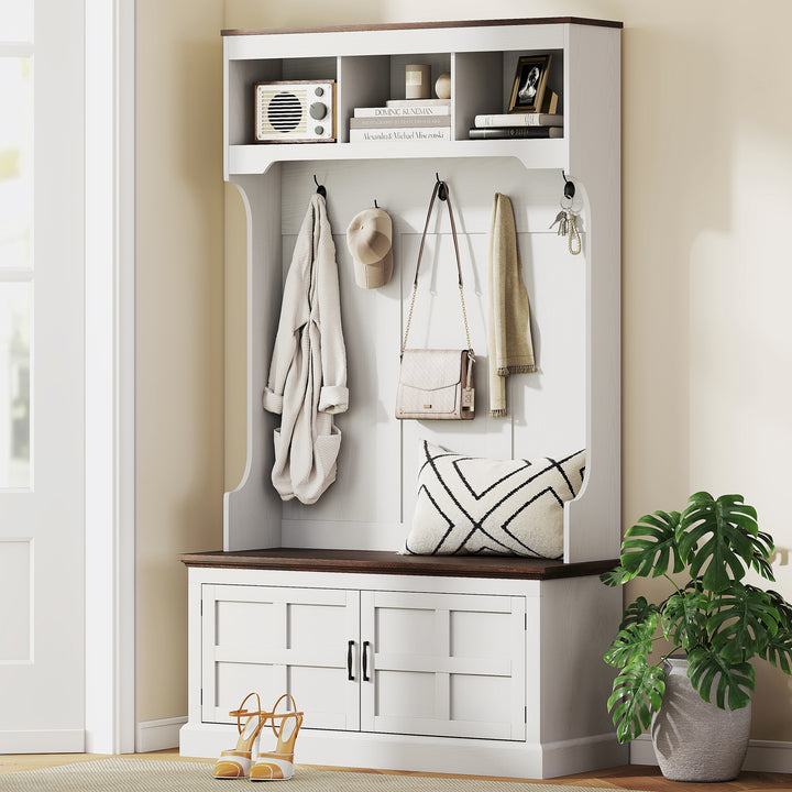 Móvel Cabide de Entrada Móvel de Entrada com Banco Sapateira 5 Ganchos 3 Prateleiras Armário e Compartimentos Estilo Rústico para Corredor Quarto Sala de Estar 105x40x180 cm Branco