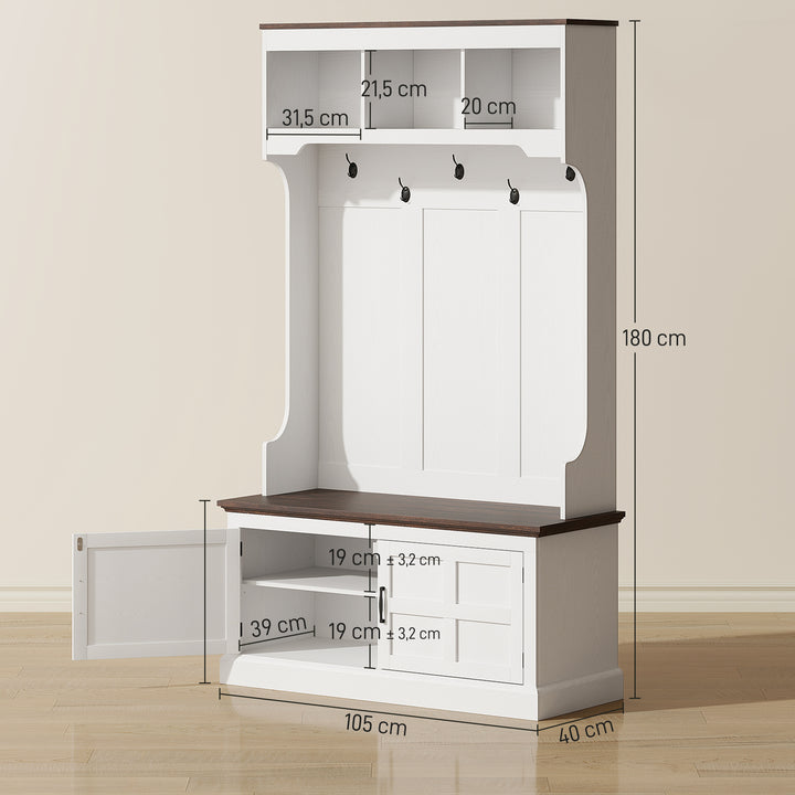 Móvel Cabide de Entrada Móvel de Entrada com Banco Sapateira 5 Ganchos 3 Prateleiras Armário e Compartimentos Estilo Rústico para Corredor Quarto Sala de Estar 105x40x180 cm Branco