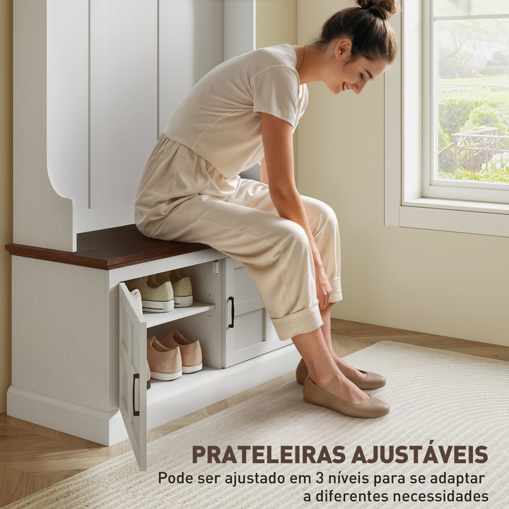 Móvel Cabide de Entrada Móvel de Entrada com Banco Sapateira 5 Ganchos 3 Prateleiras Armário e Compartimentos Estilo Rústico para Corredor Quarto Sala de Estar 105x40x180 cm Branco