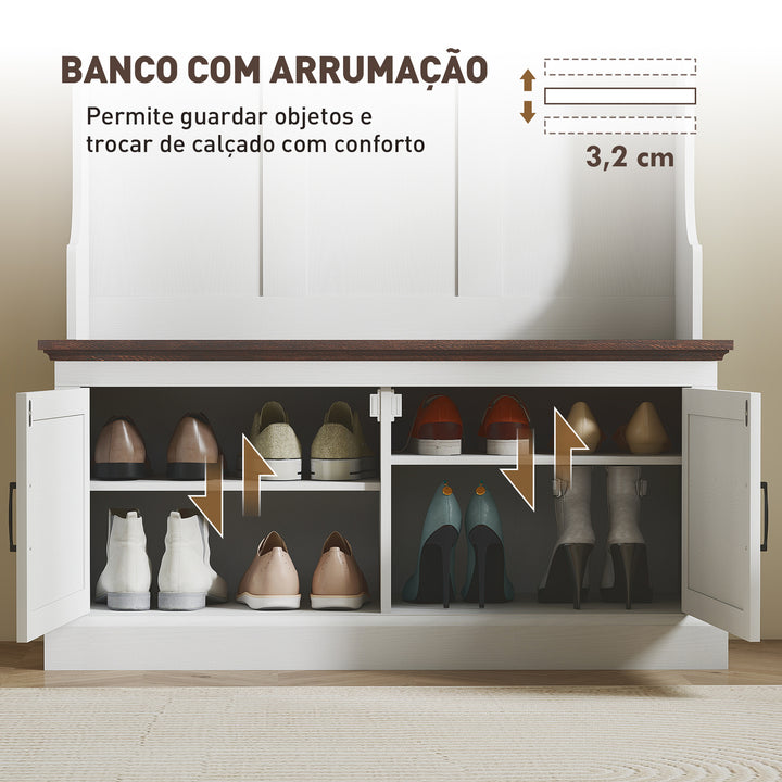 Móvel Cabide de Entrada Móvel de Entrada com Banco Sapateira 5 Ganchos 3 Prateleiras Armário e Compartimentos Estilo Rústico para Corredor Quarto Sala de Estar 105x40x180 cm Branco