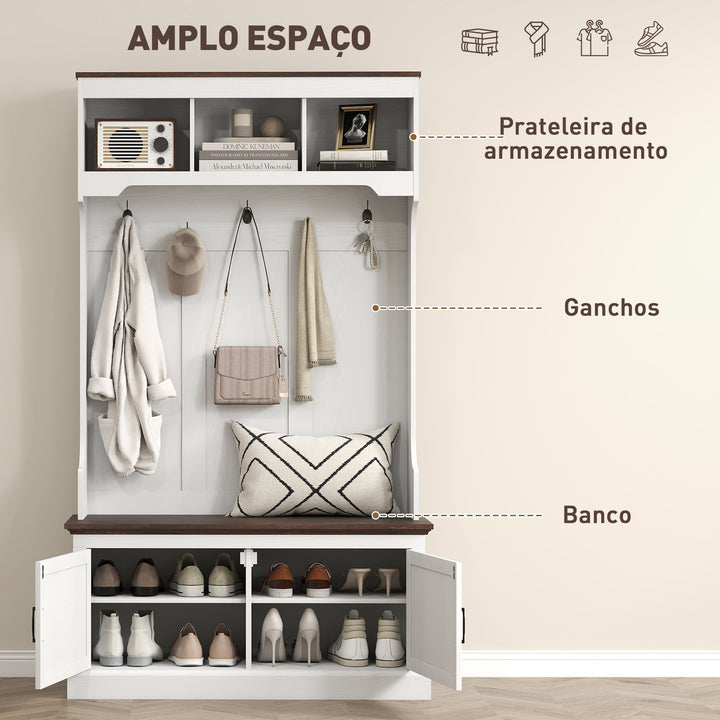 Móvel Cabide de Entrada Móvel de Entrada com Banco Sapateira 5 Ganchos 3 Prateleiras Armário e Compartimentos Estilo Rústico para Corredor Quarto Sala de Estar 105x40x180 cm Branco