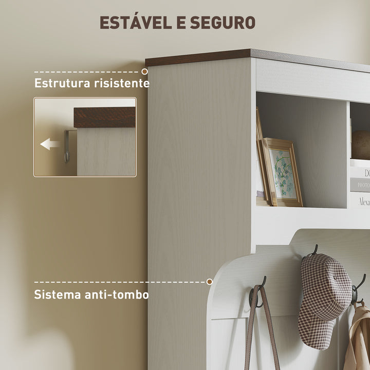 Móvel Cabide de Entrada Móvel de Entrada com Banco Sapateira 5 Ganchos 3 Prateleiras Armário e Compartimentos Estilo Rústico para Corredor Quarto Sala de Estar 105x40x180 cm Branco