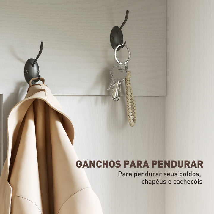 Móvel Cabide de Entrada Móvel de Entrada com Banco Sapateira 5 Ganchos 3 Prateleiras Armário e Compartimentos Estilo Rústico para Corredor Quarto Sala de Estar 105x40x180 cm Branco