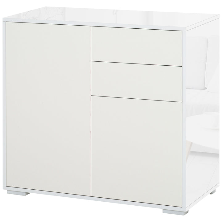 Aparador Auxiliar com 2 Portas 2 Gavetas e Prateleira Ajustável Abertura a Pressão Móvel Organizador de Armazenamento para Dormitório Sala de Estar 79x36x74cm Branco