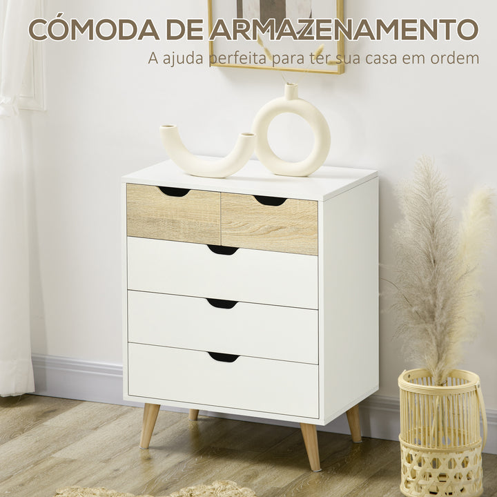 Cómoda com 5 Gavetas e Pés Elevados Cómoda para Dormitório Sala de Estar Estilo Moderno Anti-Tombo 60x40x77,5cm Madeira e Branco