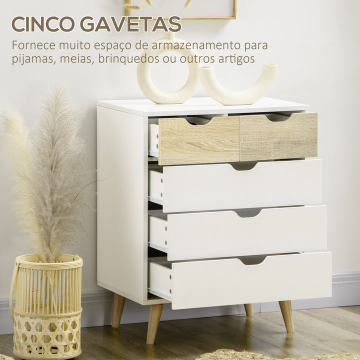 Cómoda com 5 Gavetas e Pés Elevados Cómoda para Dormitório Sala de Estar Estilo Moderno Anti-Tombo 60x40x77,5cm Madeira e Branco