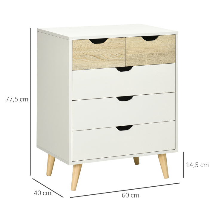 Cómoda com 5 Gavetas e Pés Elevados Cómoda para Dormitório Sala de Estar Estilo Moderno Anti-Tombo 60x40x77,5cm Madeira e Branco