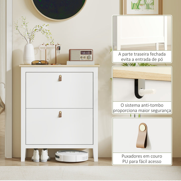 Sapateira Estreita Móvel Sapateira para Entrada com 2 Gavetas Abatíveis Prateleiras Ajustáveis e Puxadores em PU para 14 Pares de Sapatos para Corredor 80x24x95,5 cm Branco