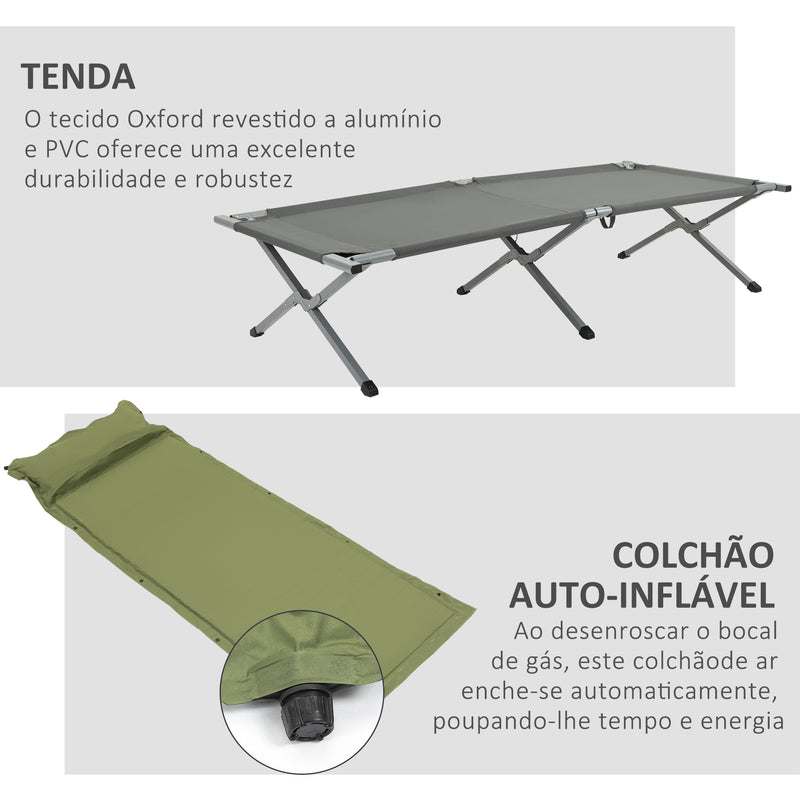 Cama de Campismo Dobrável 3 em 1 Cama de Campismo Elevada com Tenda Colchão Insuflável e Bolsa de Transporte para Trilha 200x86x147 Cinza