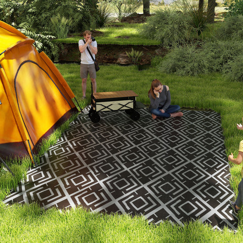 Tapete de Exterior 182x274 cm Tapete Reversível com Desenho Geométrico Impermeável Bolsa de Transporte para Varanda Pátio Campismo Praia Preto