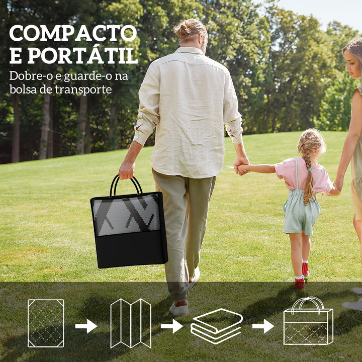 Tapete de Exterior 182x274 cm Tapete Reversível com Desenho Geométrico Impermeável Bolsa de Transporte para Varanda Pátio Campismo Praia Preto