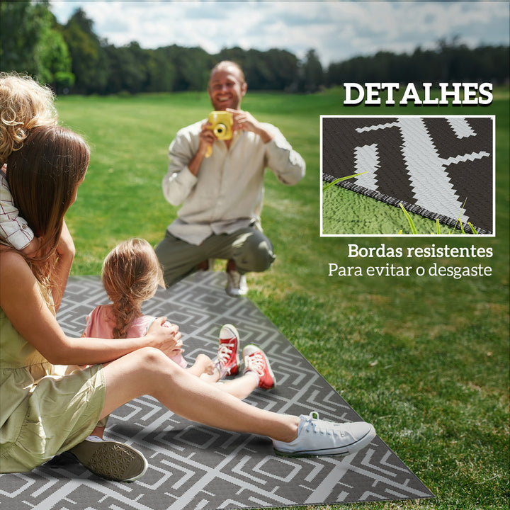 Tapete de Exterior 182x274 cm Tapete Reversível com Desenho Geométrico Impermeável Bolsa de Transporte para Varanda Pátio Campismo Praia Preto