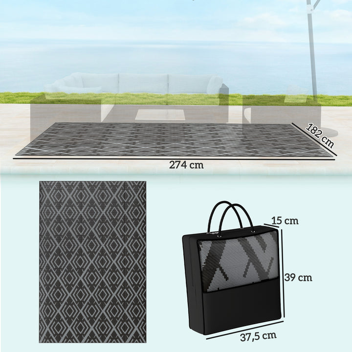 Tapete de Exterior 182x274 cm Tapete Reversível com Desenho Geométrico Impermeável Bolsa de Transporte para Varanda Pátio Campismo Praia Preto