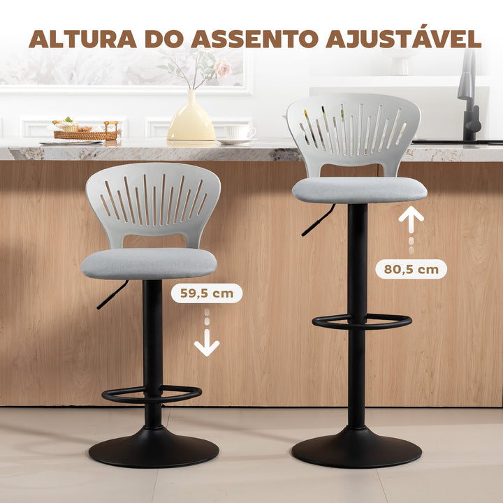 Conjunto de 2 Bancos Altos de Cozinha Giratórios a 360° Bancos de Bar Reguláveis em Altura de 84-105 cm Encosto Oco Apoio para os Pés para Sala de Jantar Balcão 40,5x43x84-105 cm Cinzento