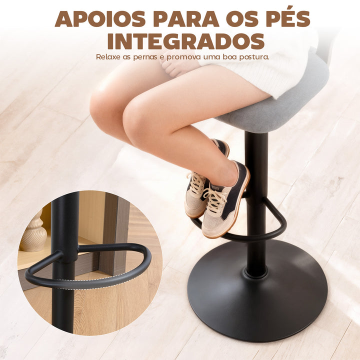 Conjunto de 2 Bancos Altos de Cozinha Giratórios a 360° Bancos de Bar Reguláveis em Altura de 84-105 cm Encosto Oco Apoio para os Pés para Sala de Jantar Balcão 40,5x43x84-105 cm Cinzento
