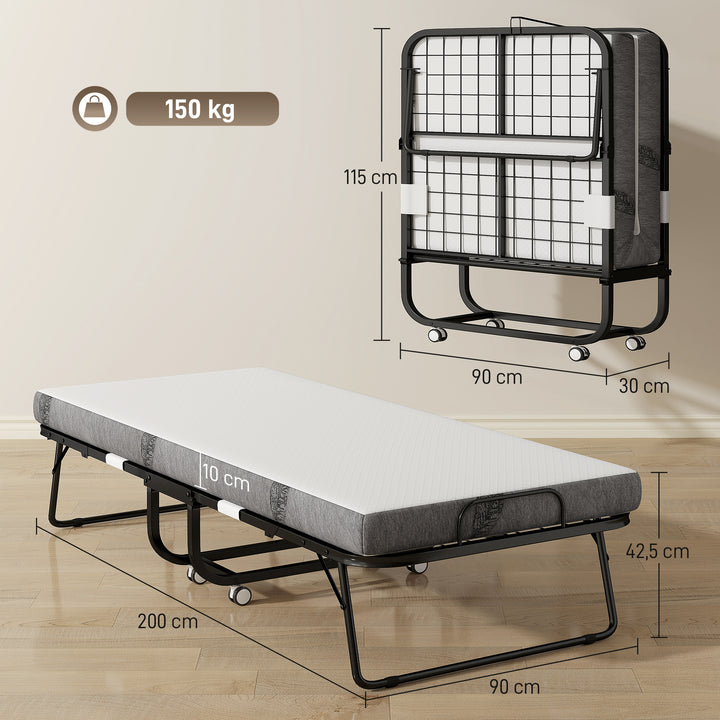 Cama Dobrável 200x90x42,5cm Cama de Campismo Portátil com Colchão Individual Rodas e Freios Carga Máxima 150kg para Dormitórios Branco