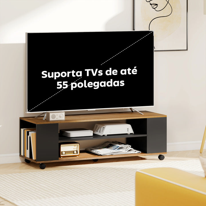 Móvel para TV com Rodas Armário para TV Flutuante com 2 Portas e 2 Prateleiras de Armazenamento para Televisores de até 55 Polegadas para Dormitório 120x40x38,5 cm Preto e Nogueira