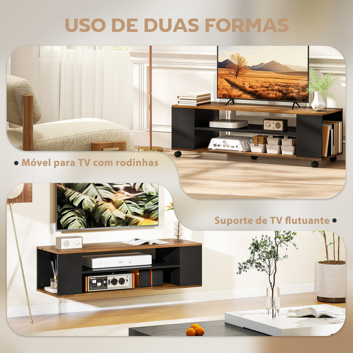 Móvel para TV com Rodas Armário para TV Flutuante com 2 Portas e 2 Prateleiras de Armazenamento para Televisores de até 55 Polegadas para Dormitório 120x40x38,5 cm Preto e Nogueira