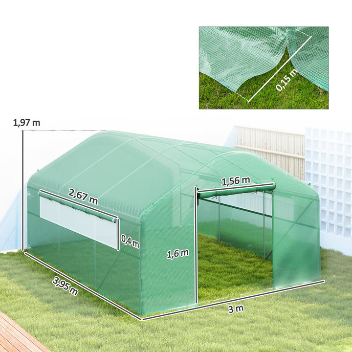 Estufa tipo Túnel 4x3x2 m Estufa de Exterior com 2 Janelas Cobertura PE Anti UV e 1 Porta de Enrolar com Fecho de Correr Estufa para Jardim Pátio Verde