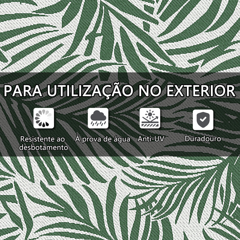 Tapete de Exterior 152x243 cm Tapete Reversível com Padrão de Folhas para Varanda Pátio Campismo Praia Verde Escuro e Branco