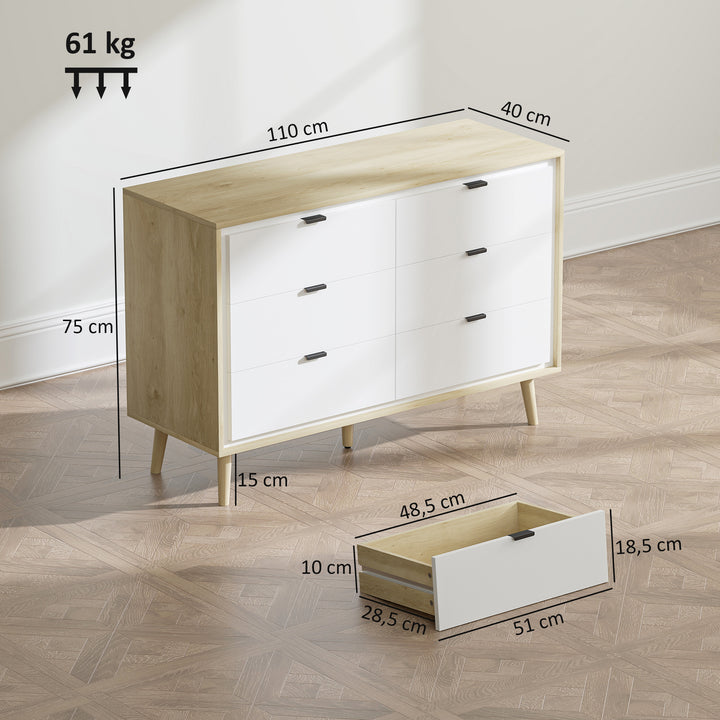 Cómoda 6 Gavetas Cómoda Quarto com Pernas de Madeira Cómoda para Sala Escritório Estilo Moderno 110x40x75 cm Branco Brilhante e Carvalho