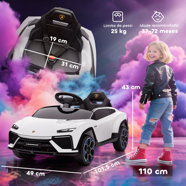 Carro Elétrico para Crianças acima de 3 Anos Lamborghini Infantil a Bateria 12V com Controlo Remoto 2,4G Motor Duplo Rodas com Suspensão Portas Estilo Tesoura Faróis Música USB 101,5x49x43 cm Branco