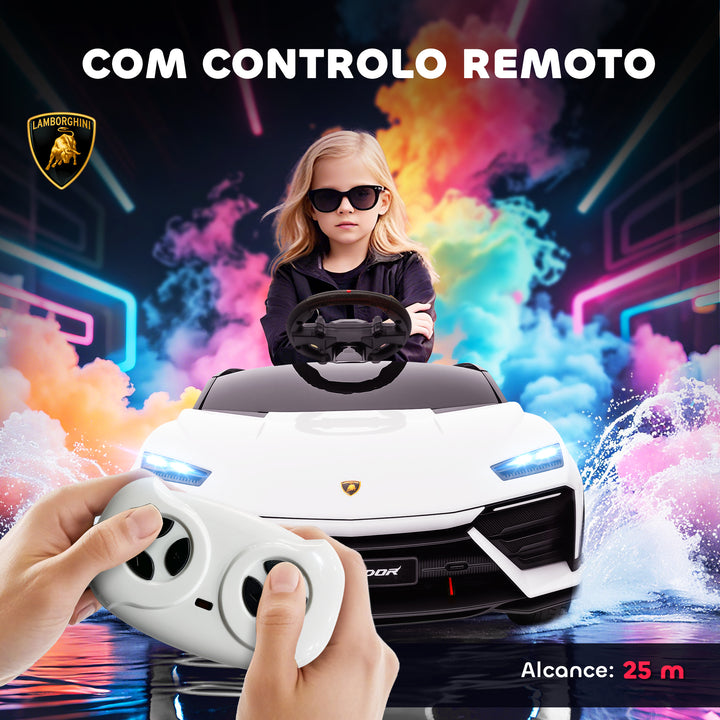 Carro Elétrico para Crianças acima de 3 Anos Lamborghini Infantil a Bateria 12V com Controlo Remoto 2,4G Motor Duplo Rodas com Suspensão Portas Estilo Tesoura Faróis Música USB 101,5x49x43 cm Branco