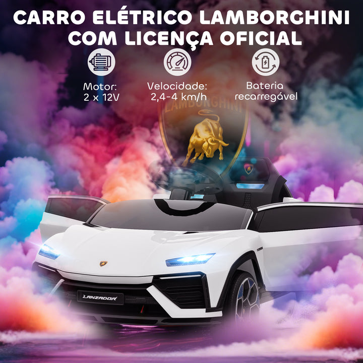 Carro Elétrico para Crianças acima de 3 Anos Lamborghini Infantil a Bateria 12V com Controlo Remoto 2,4G Motor Duplo Rodas com Suspensão Portas Estilo Tesoura Faróis Música USB 101,5x49x43 cm Branco