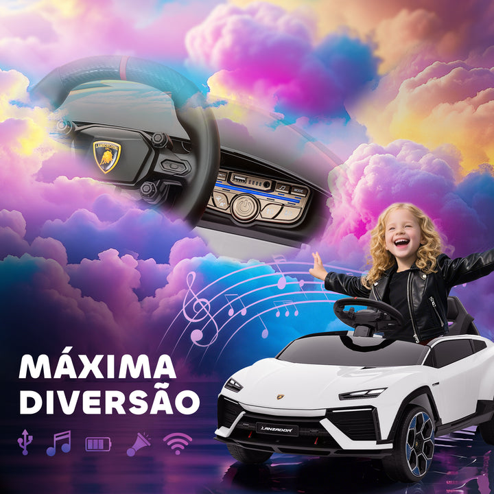 Carro Elétrico para Crianças acima de 3 Anos Lamborghini Infantil a Bateria 12V com Controlo Remoto 2,4G Motor Duplo Rodas com Suspensão Portas Estilo Tesoura Faróis Música USB 101,5x49x43 cm Branco