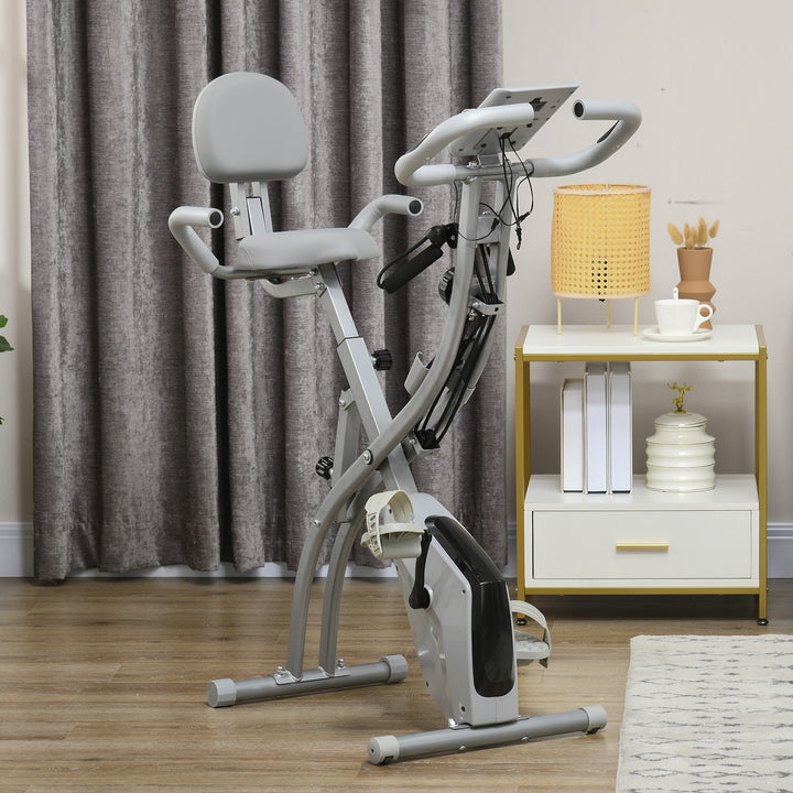 Bicicleta Estática Dobrável com Altura e Resistência Ajustáveis com Tela LCD e Assento com Encosto 51x97x115cm Cinza