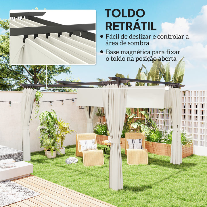 Pérgola com Teto Retrátil 3,9x3x2,2 m Pérgola de Alumínio com Paredes Laterais Tecido de Poliéster Anti UV Resistente a Água Pérgola para Jardim Pátio Creme