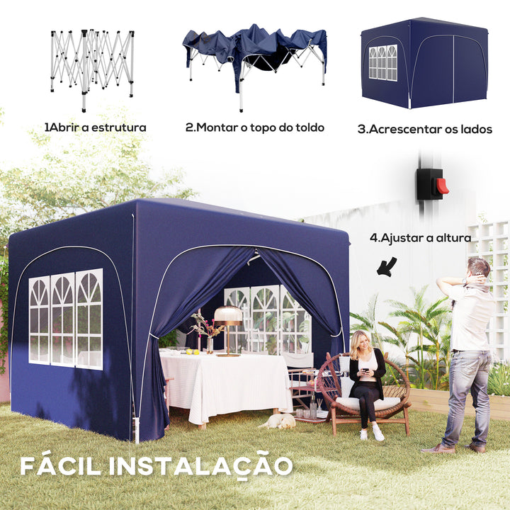 Tenda Dobrável Tenda 3x3 m com Painéis Laterais UPF50+ Tenda de Jardim com Altura Ajustável e Bolsa de Transporte para Campismo Festas Pátio Azul Escuro