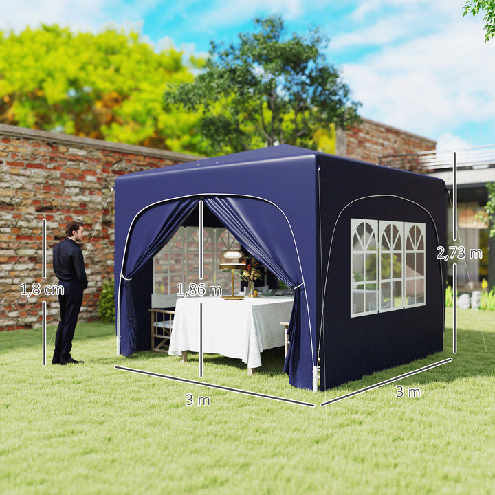 Tenda Dobrável Tenda 3x3 m com Painéis Laterais UPF50+ Tenda de Jardim com Altura Ajustável e Bolsa de Transporte para Campismo Festas Pátio Azul Escuro