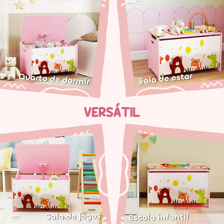 Baú de Armazenamento de Brinquedos Baú de Brinquedos Infantil Tampa Rebatível com Fecho Suave e Alças Estampados de Animais para Livros Roupa em Quarto Sala de Jogos 60x37x39 cm Rosa