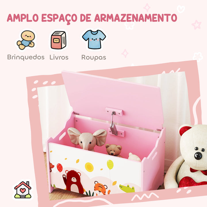 Baú de Armazenamento de Brinquedos Baú de Brinquedos Infantil Tampa Rebatível com Fecho Suave e Alças Estampados de Animais para Livros Roupa em Quarto Sala de Jogos 60x37x39 cm Rosa