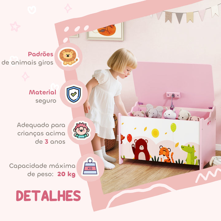 Baú de Armazenamento de Brinquedos Baú de Brinquedos Infantil Tampa Rebatível com Fecho Suave e Alças Estampados de Animais para Livros Roupa em Quarto Sala de Jogos 60x37x39 cm Rosa