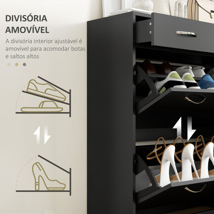 Sapateira Móvel para Sapatos Estreito com 2 Compartimentos e 2 Gavetas para 12 Pares de Sapatos para Sala de Estar Entrada Corredor 80x30x91,5 cm Preto