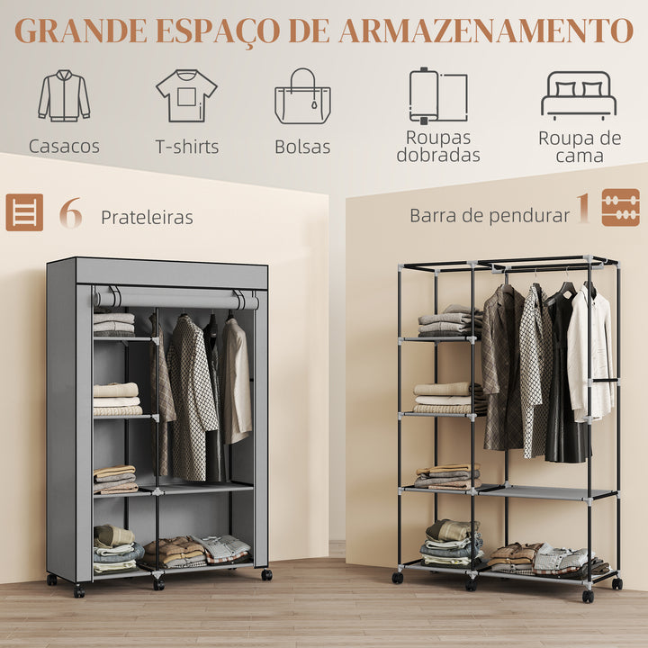 Roupeiro de Tecido Dobrável Armário de Roupa Portátil com 6 Prateleiras 1 Barra de Pendurar e Rodas para Dormitório Vestidor 103x43x162,5 cm Cinza Claro