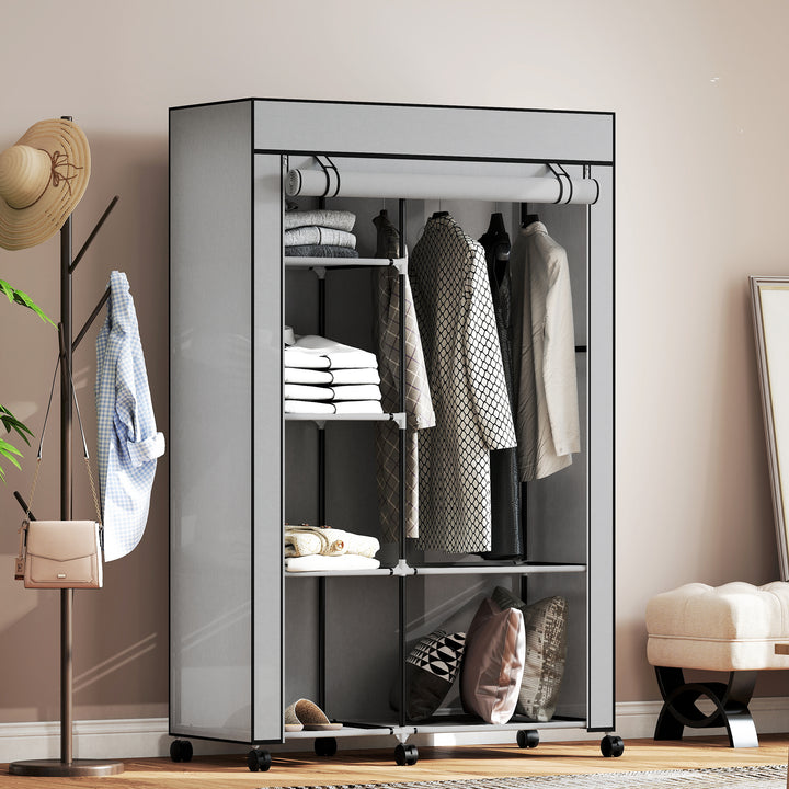 Roupeiro de Tecido Dobrável Armário de Roupa Portátil com 6 Prateleiras 1 Barra de Pendurar e Rodas para Dormitório Vestidor 103x43x162,5 cm Cinza Claro